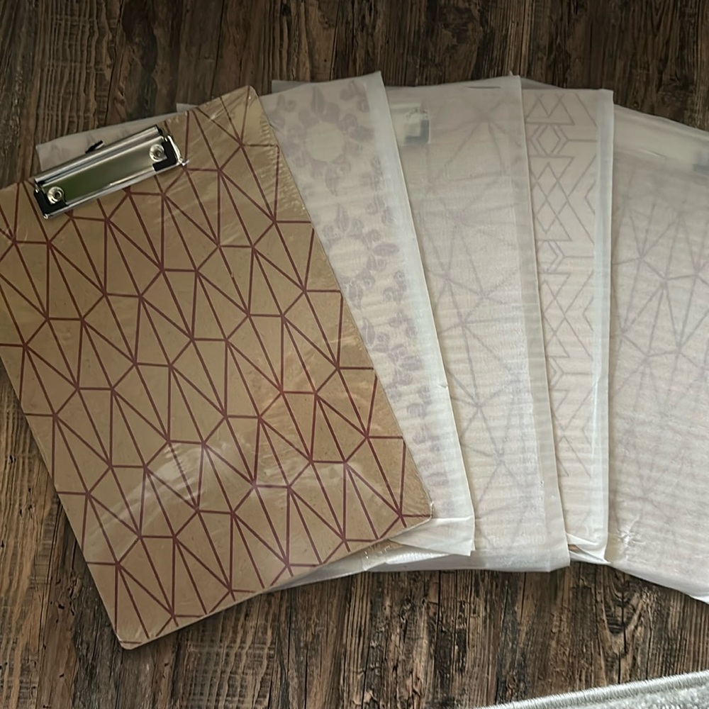 5 geometric wooden clipboards - memo size - new with plastic coverings